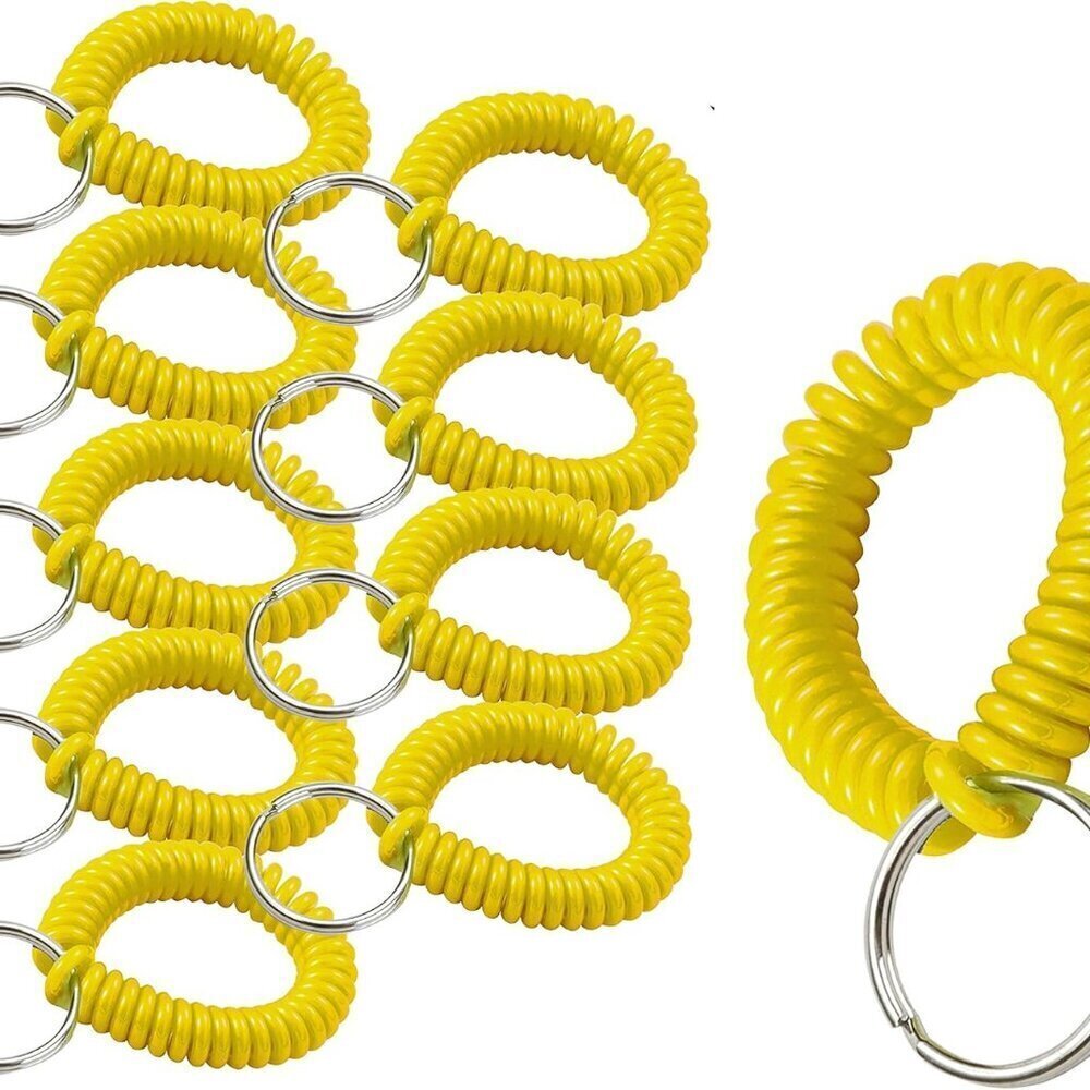 2” Plastic Wrist Coil Key Chain Bracelet Pack of 10 Yellow Waterproof Stretch to